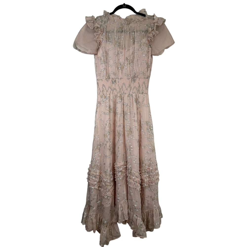 Rebecca Taylor Pink Silk Metallic Fil Coupe Smocked Ruffle Midi Dress Small